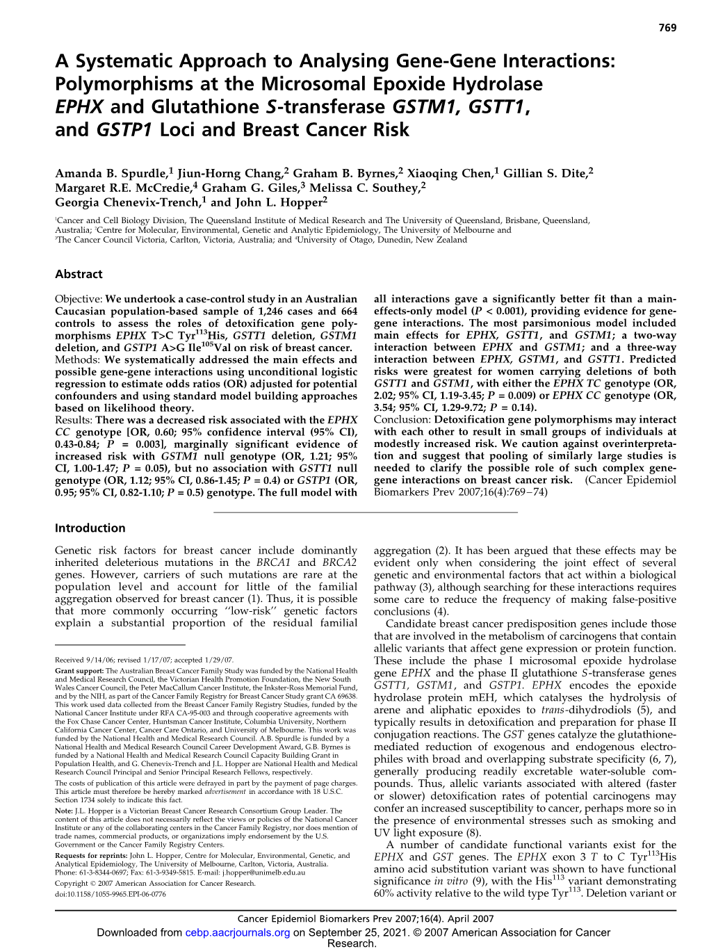 A Systematic Approach to Analysing Gene-Gene Interactions: Polymorphisms at the Microsomal Epoxide Hydrolase EPHX and Glutathion