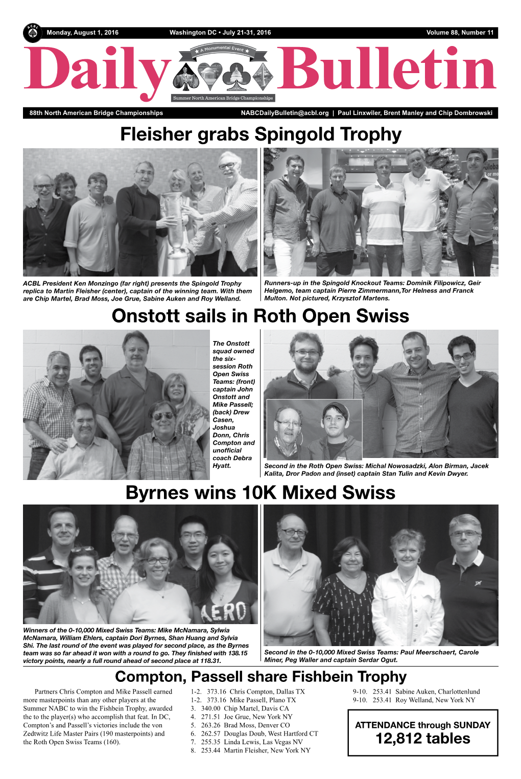 Daily Bulletin 88Th North American Bridge Championships Nabcdailybulletin@Acbl.Org | Paul Linxwiler, Brent Manley and Chip Dombrowski Fleisher Grabs Spingold Trophy