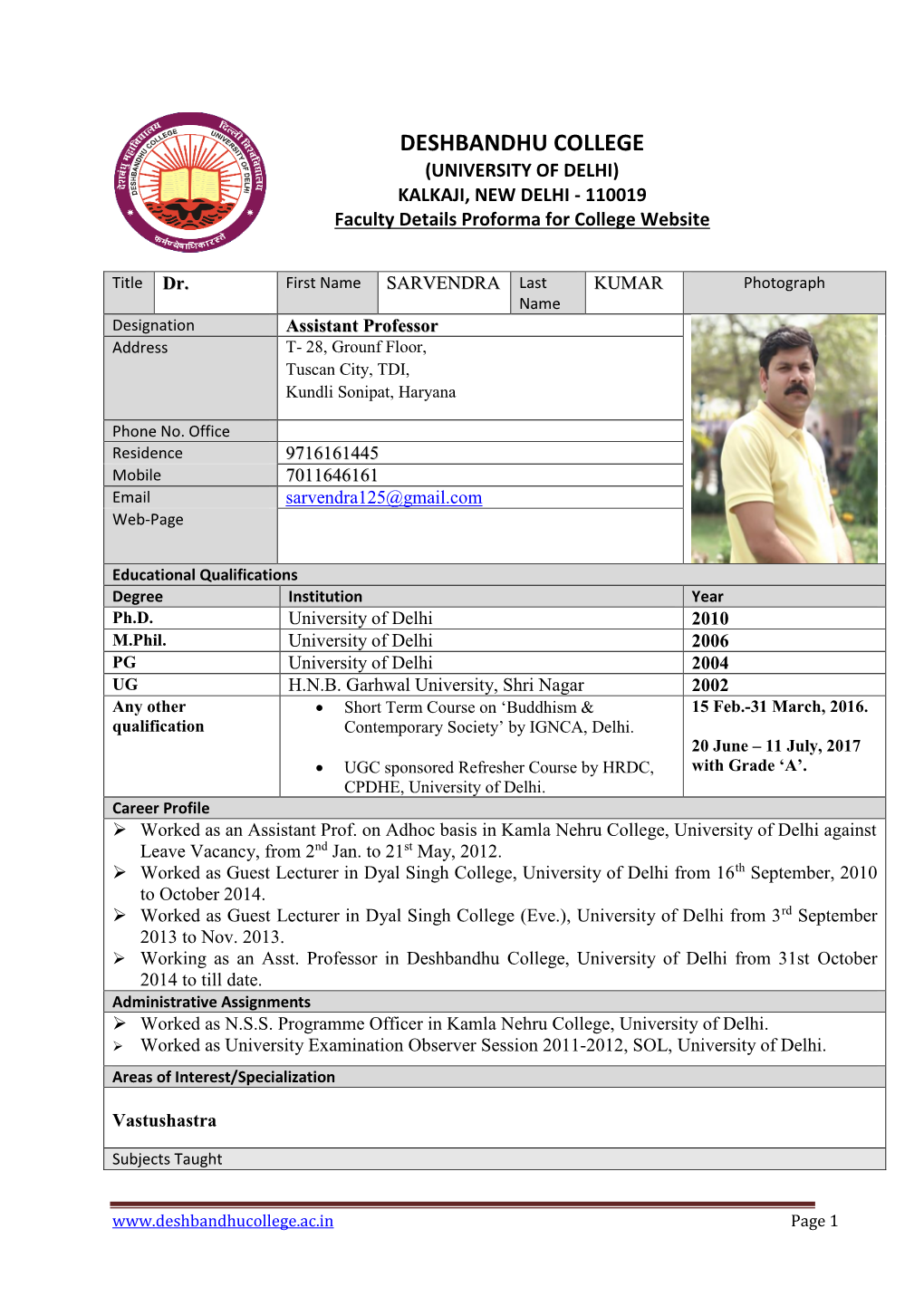 KALKAJI, NEW DELHI - 110019 Faculty Details Proforma for College Website
