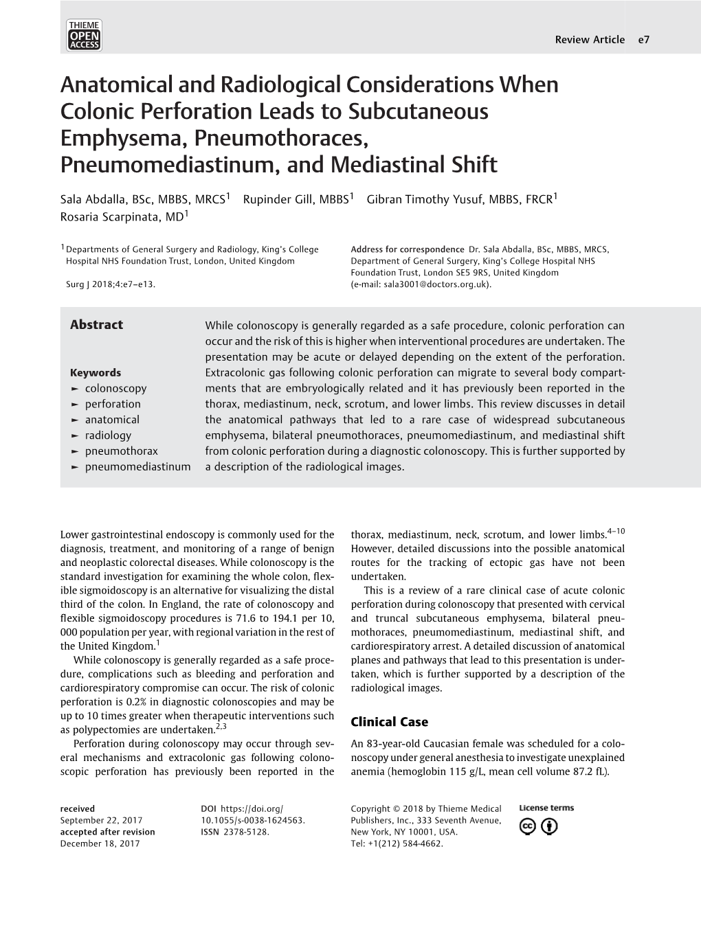 Anatomical and Radiological Considerations When Colonic Perforation Leads to Subcutaneous Emphysema, Pneumothoraces, Pneumomediastinum, and Mediastinal Shift