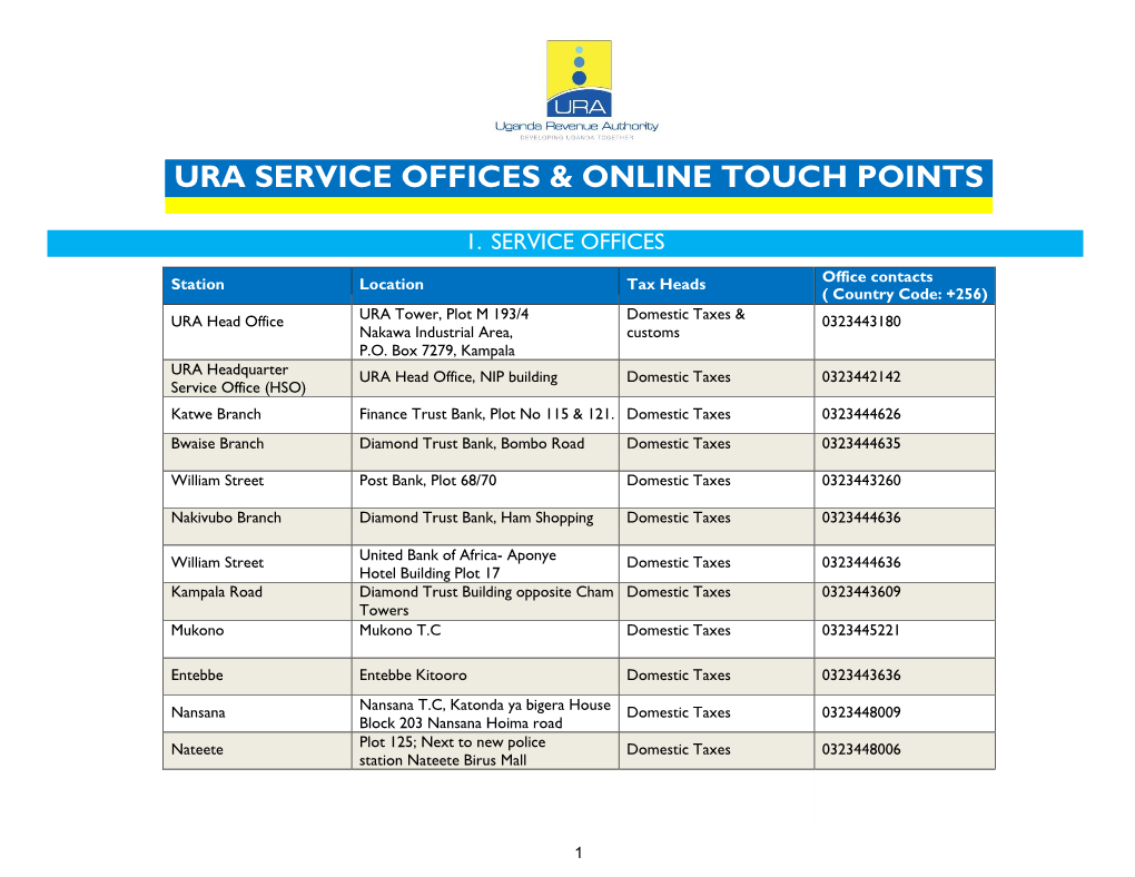 Ura Service Offices & Online Touch Points