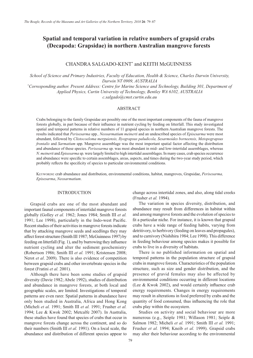 Spatial and Temporal Variation in Relative Numbers of Grapsid Crabs (Decapoda: Grapsidae) in Northern Australian Mangrove Forests