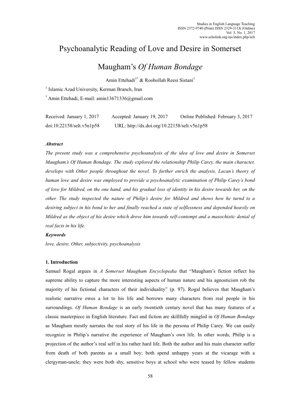 Psychoanalytic Reading of Love and Desire in Somerset Maugham's Of