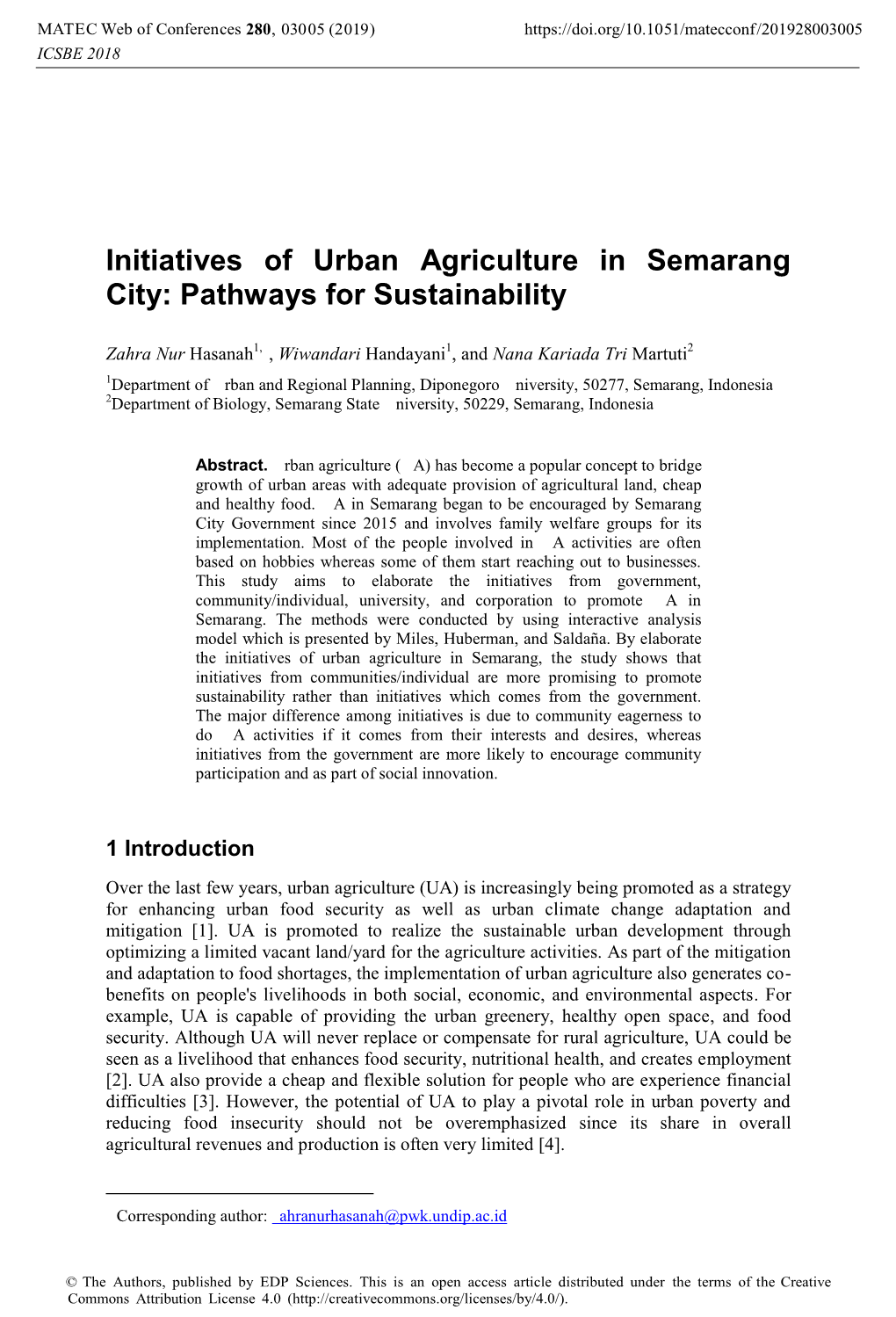 Initiatives of Urban Agriculture in Semarang City: Pathways for Sustainability
