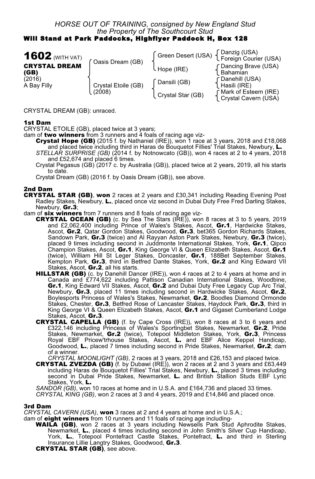 HORSE out of TRAINING, Consigned by New England Stud the Property of the Southcourt Stud Will Stand at Park Paddocks, Highflyer Paddock H, Box 128