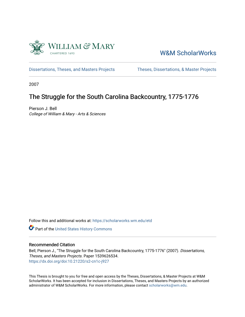 The Struggle for the South Carolina Backcountry, 1775-1776