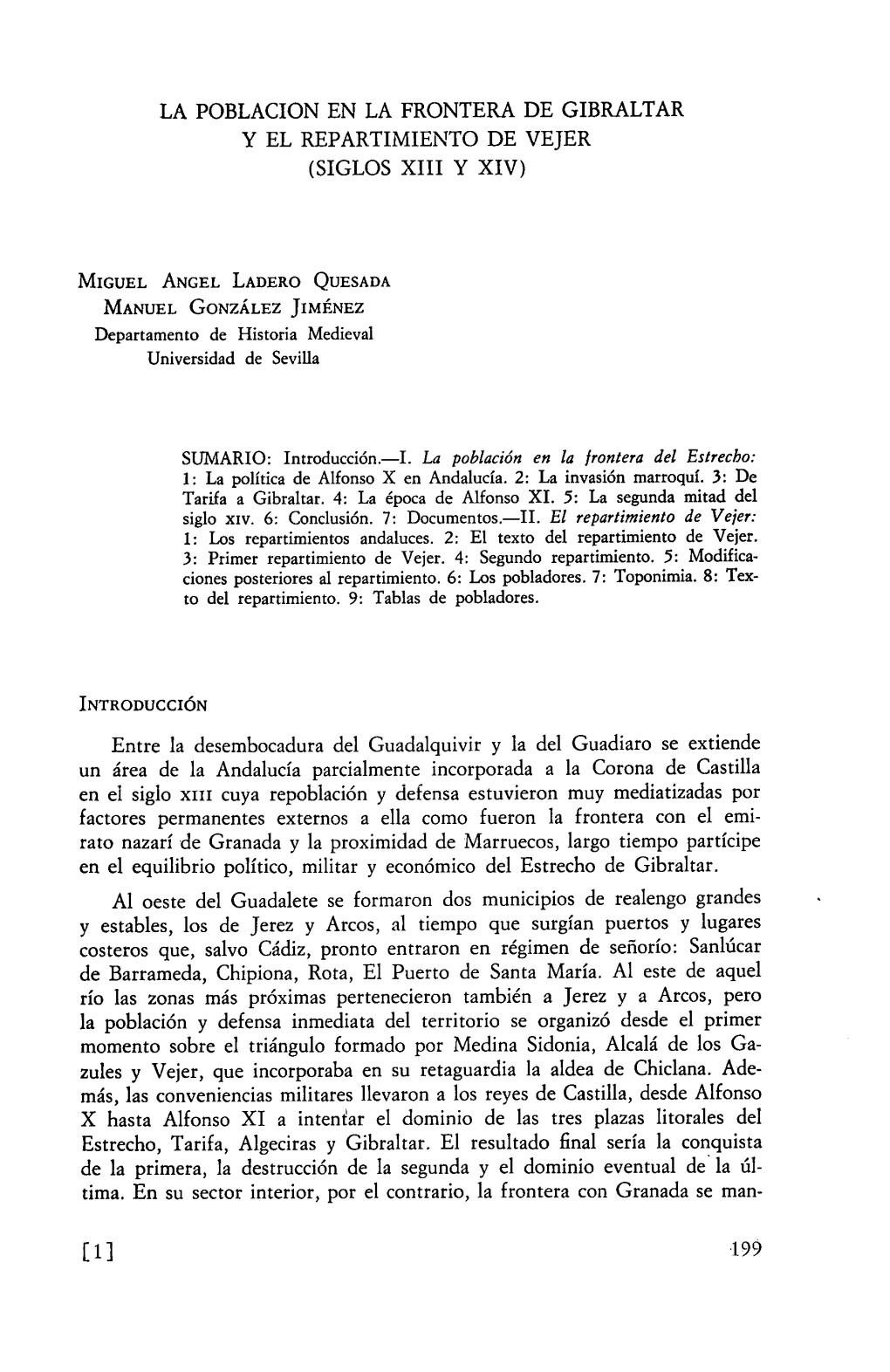 LA POBLACION EN LA FRONTERA DE GIBRALTAR Y EL REPARTIMIENTO DE VEJER (SIGLOS XIII Y XIV) Entre La Desembocadura Del Guadalquivir