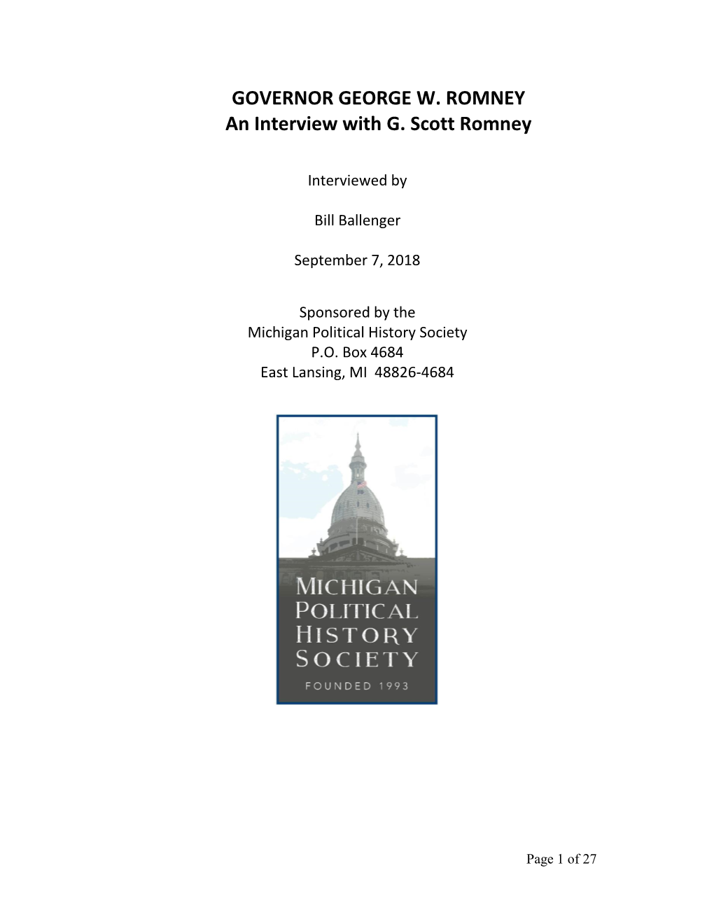 GOVERNOR GEORGE W. ROMNEY an Interview with G. Scott Romney