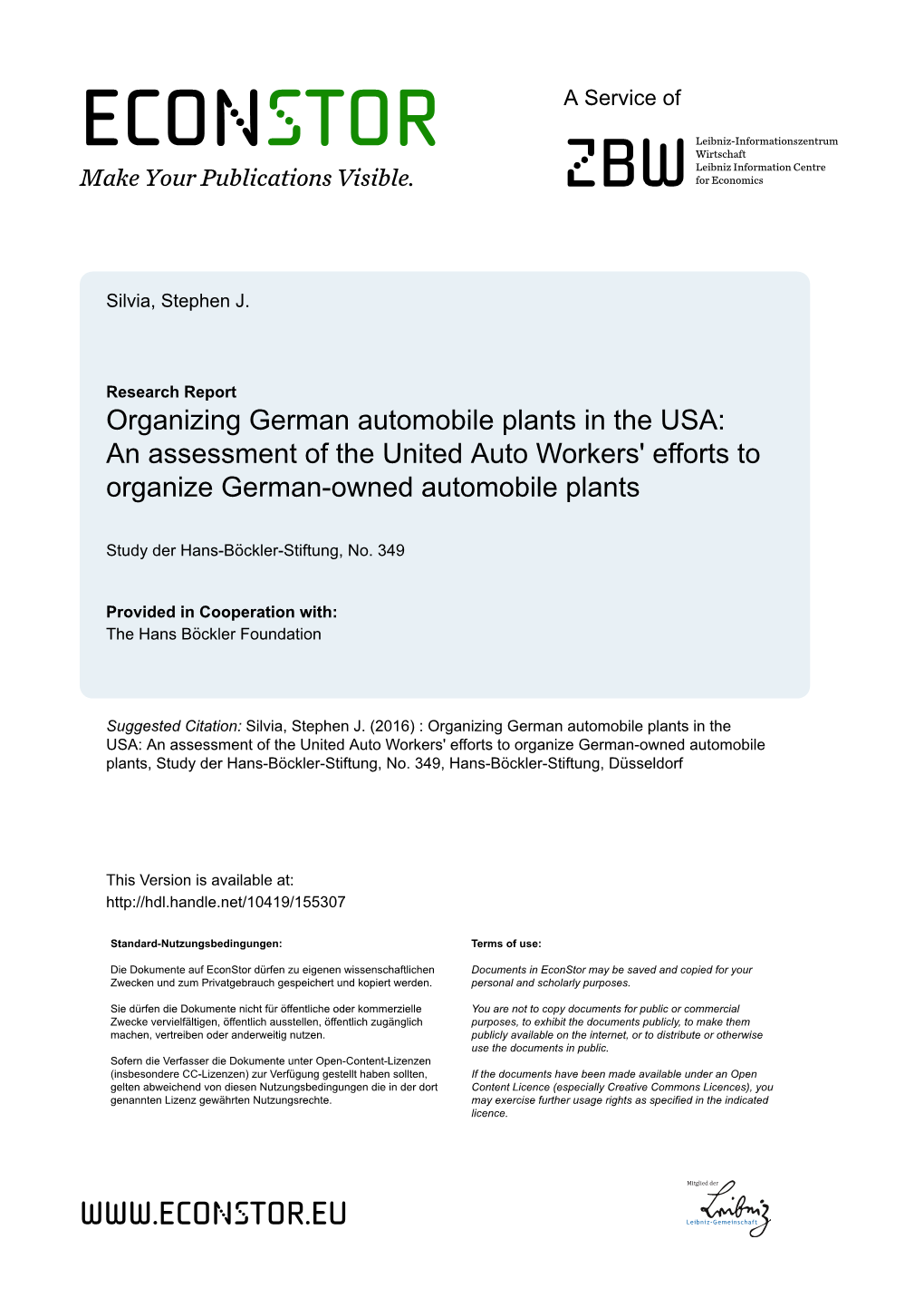 Organizing German Automobile Plants in the USA: an Assessment of the United Auto Workers' Efforts to Organize German-Owned Automobile Plants