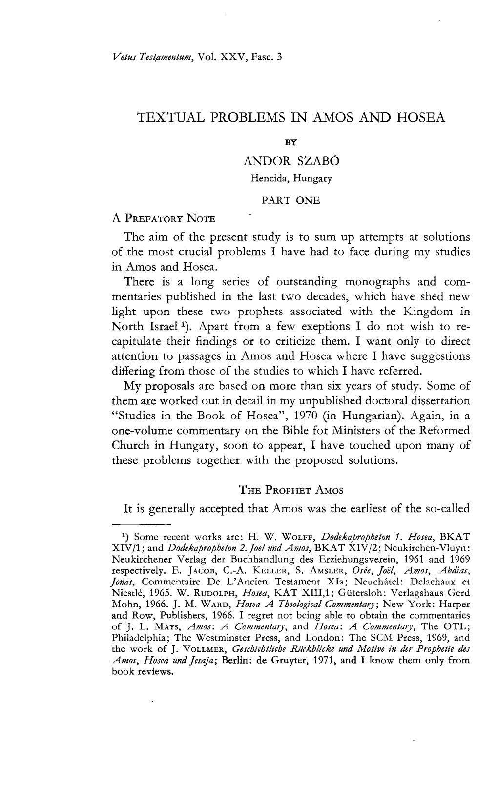 Textual Problems in Amos and Hosea by Andor Szabo