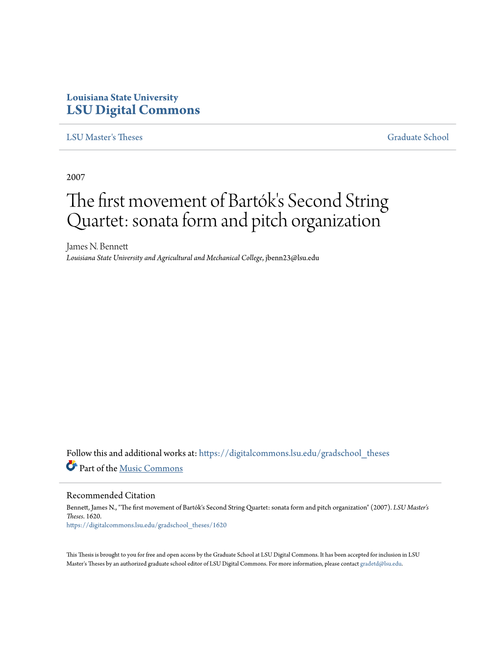 The First Movement of Bartók's Second String Quartet: Sonata Form and Pitch Organization James N