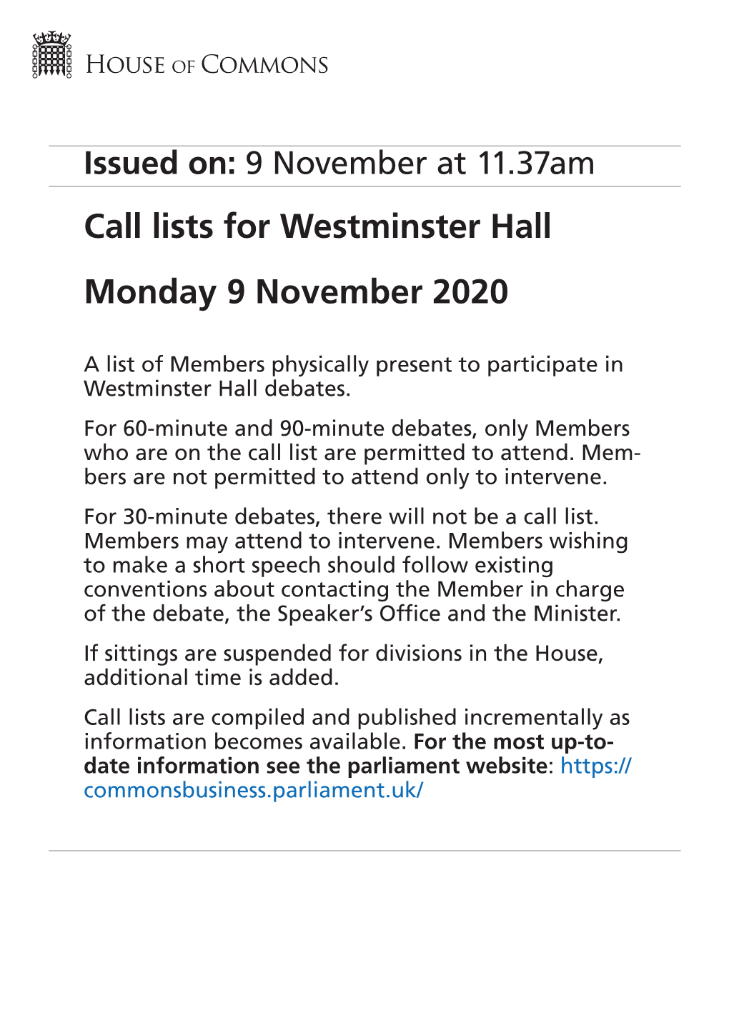 Westminster Hall Monday 9 November 2020