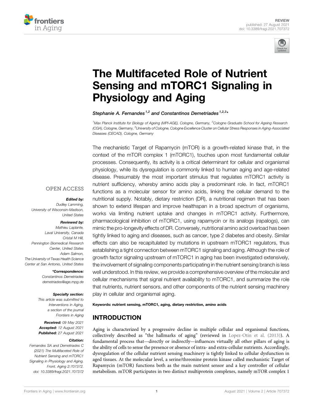 The Multifaceted Role of Nutrient Sensing and Mtorc1 Signaling in Physiology and Aging