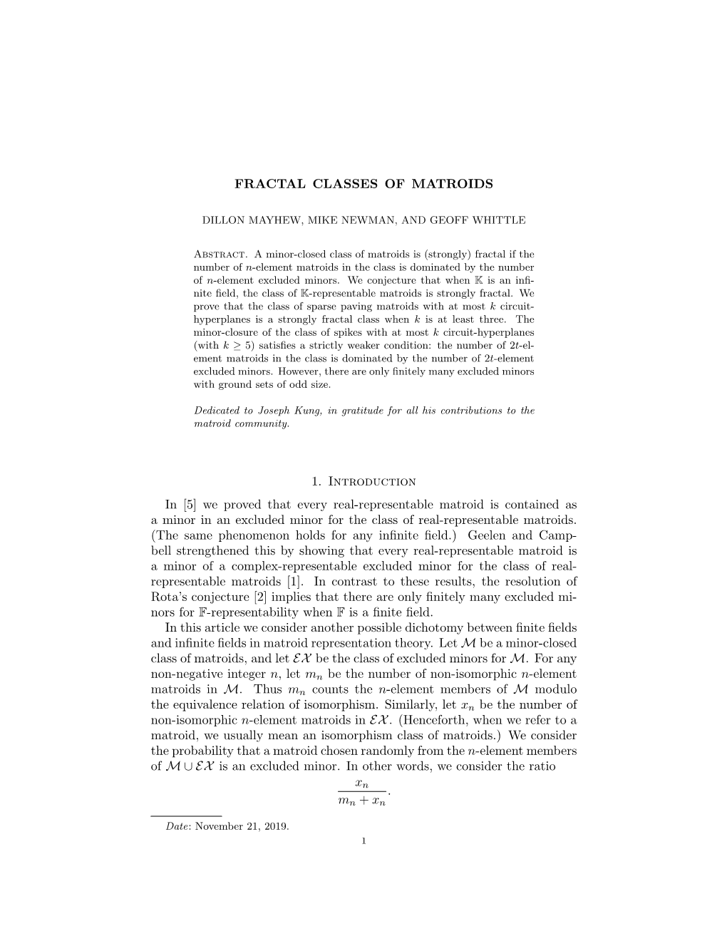 Fractal Classes of Matroids