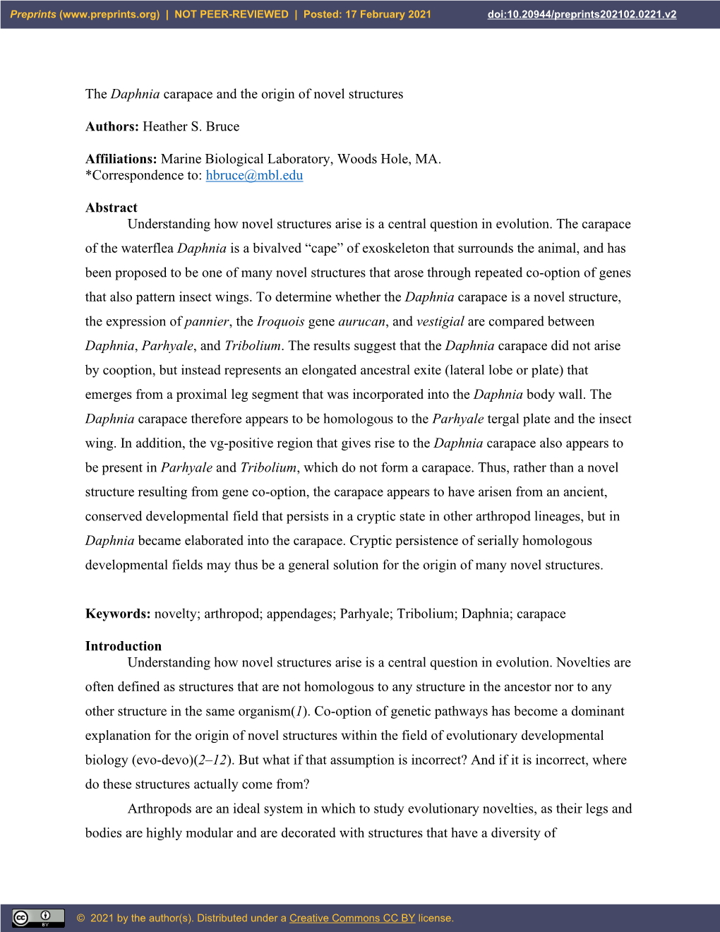 The Daphnia Carapace and the Origin of Novel Structures Authors