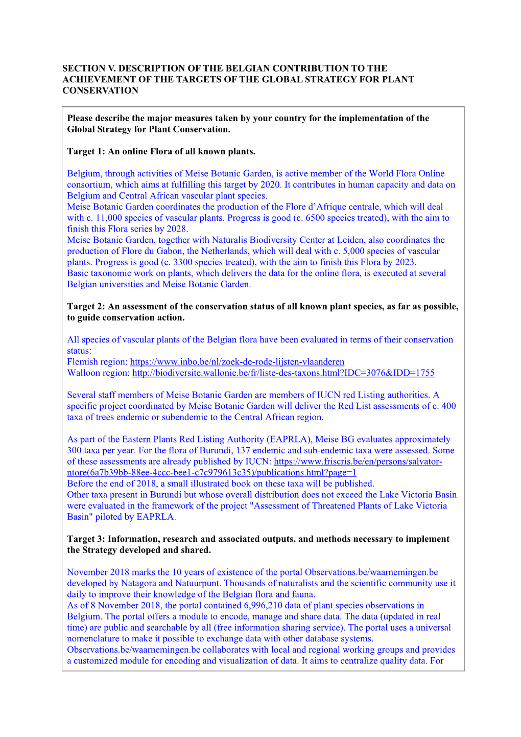 Section V. Description of the Belgian Contribution to the Achievement of the Targets of the Global Strategy for Plant Conservation