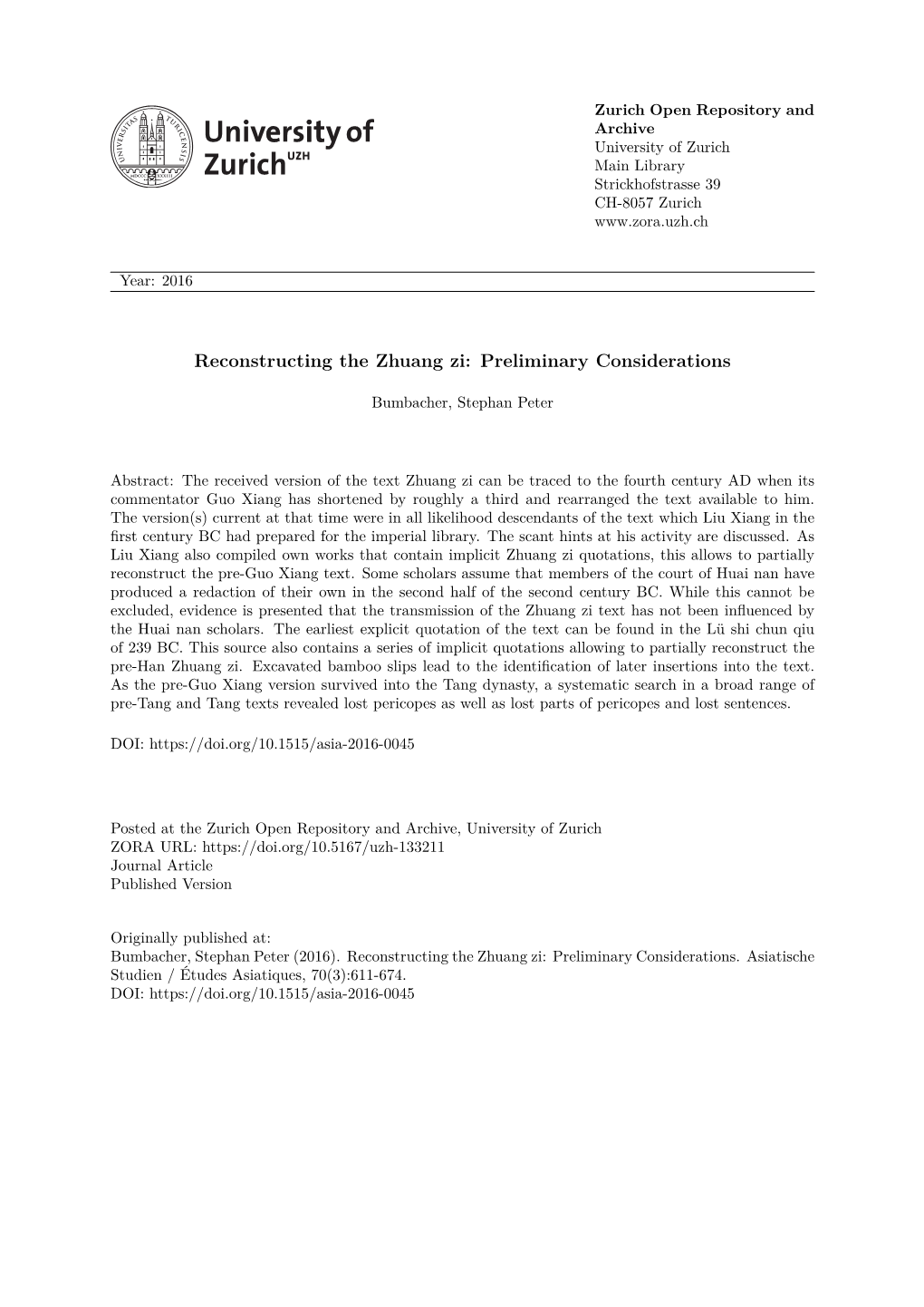 Reconstructing the Zhuang Zi: Preliminary Considerations