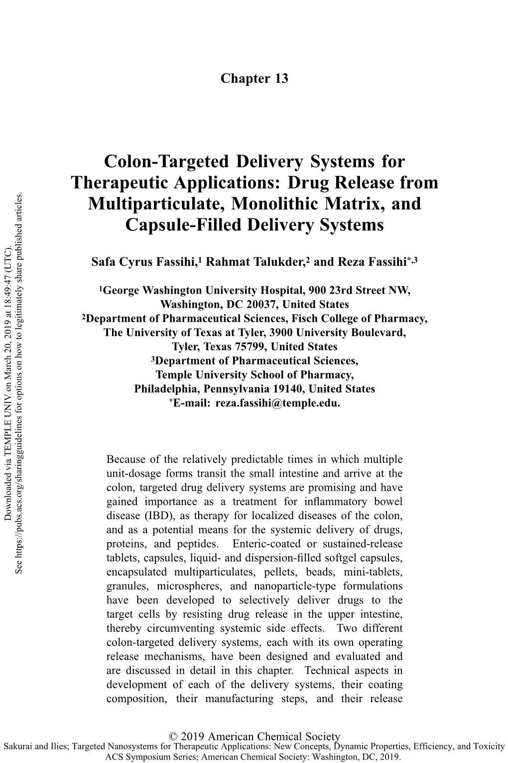 Colon-Targeted Delivery Systems for Therapeutic Applications: Drug Release from Multiparticulate, Monolithic Matrix, and Capsule-Filled Delivery Systems