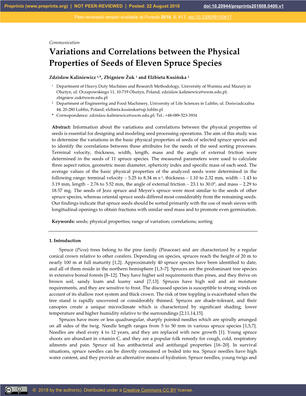 Variations and Correlations Between the Physical Properties of Seeds of Eleven Spruce Species