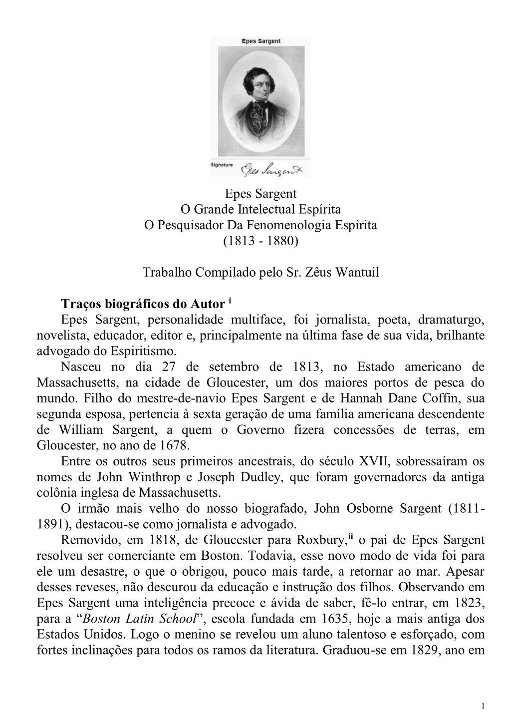 Epes Sargent O Grande Intelectual Espírita O Pesquisador Da Fenomenologia Espírita (1813 - 1880)