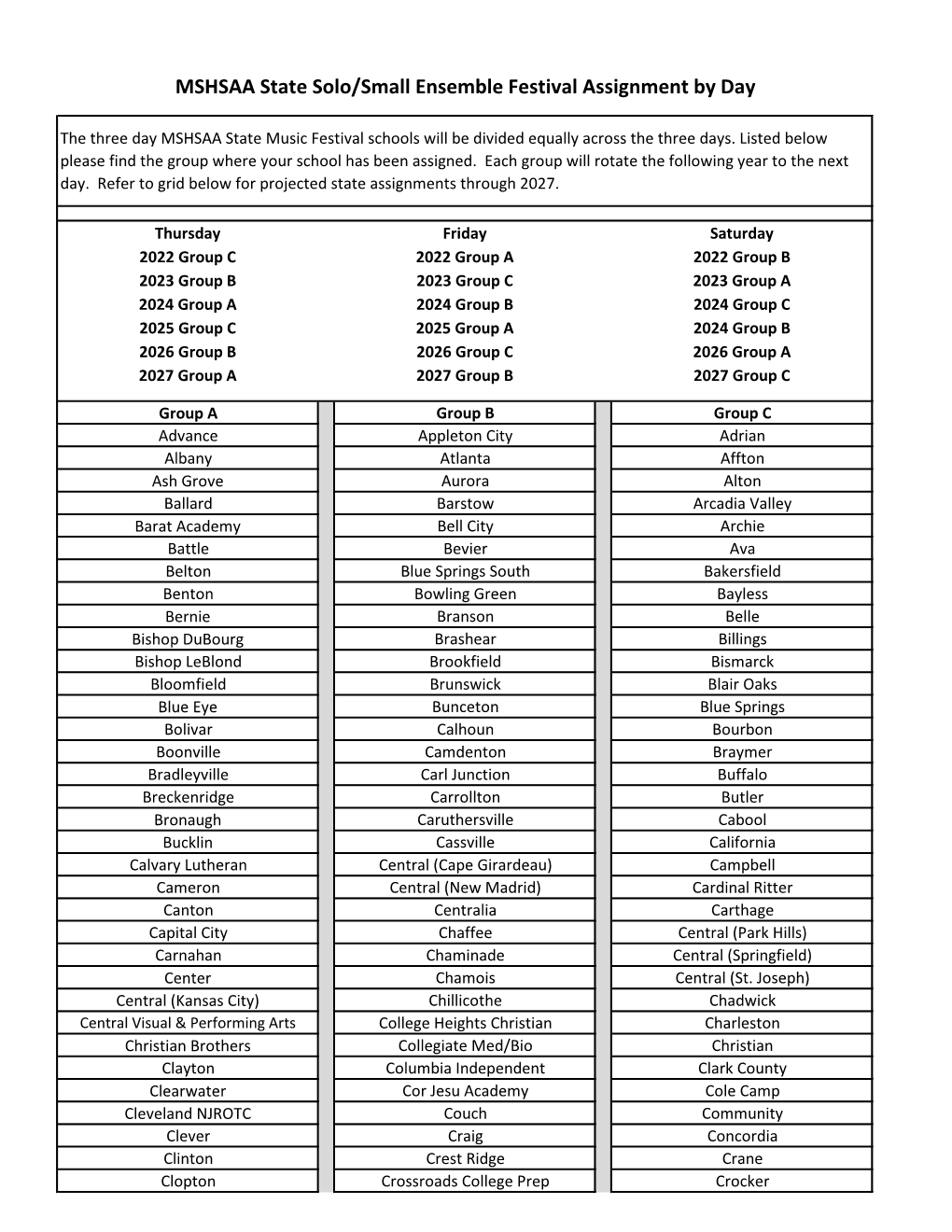 MSHSAA State Solo/Small Ensemble Festival Assignment by Day