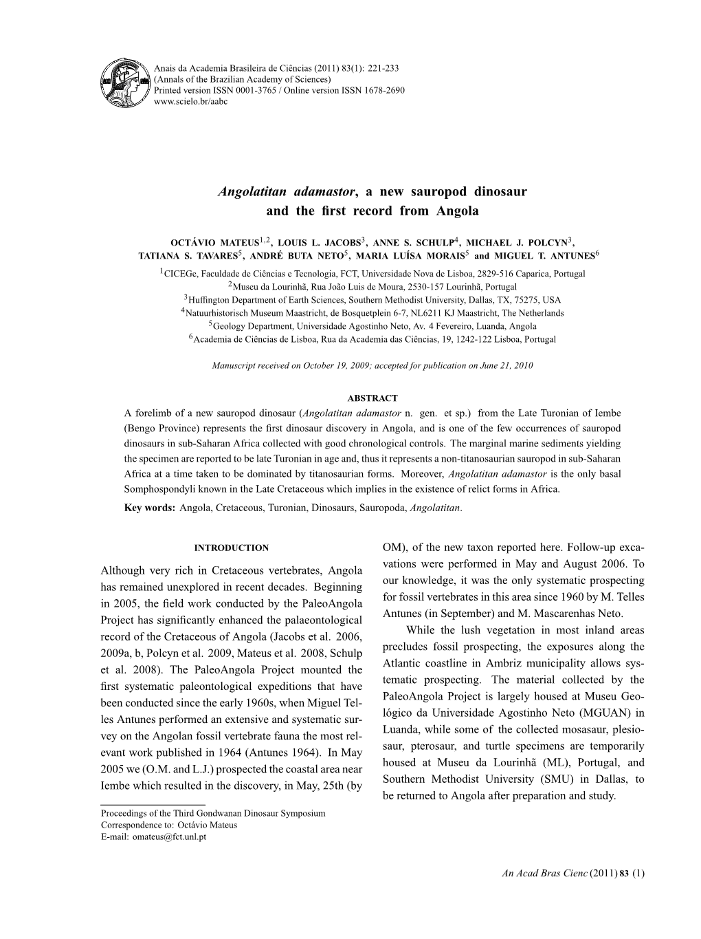 Angolatitan Adamastor, a New Sauropod Dinosaur and the First Record from Angola