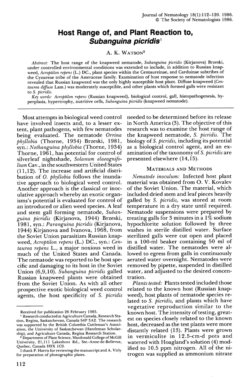 Host Range Of, and Plant Reaction To, Subanguina Picridis 1 A