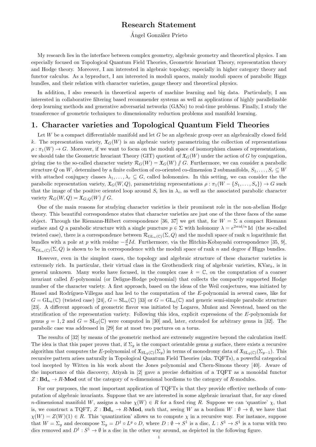 Research Statement 1. Character Varieties and Topological Quantum