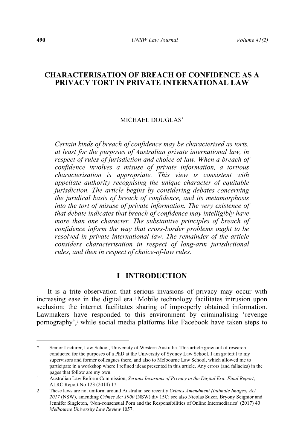 Characterisation of Breach of Confidence As a Privacy Tort in Private International Law