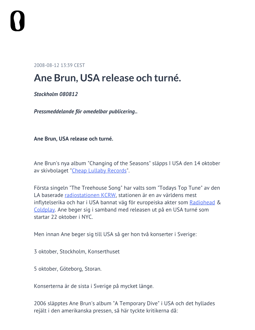 Ane Brun, USA Release Och Turné