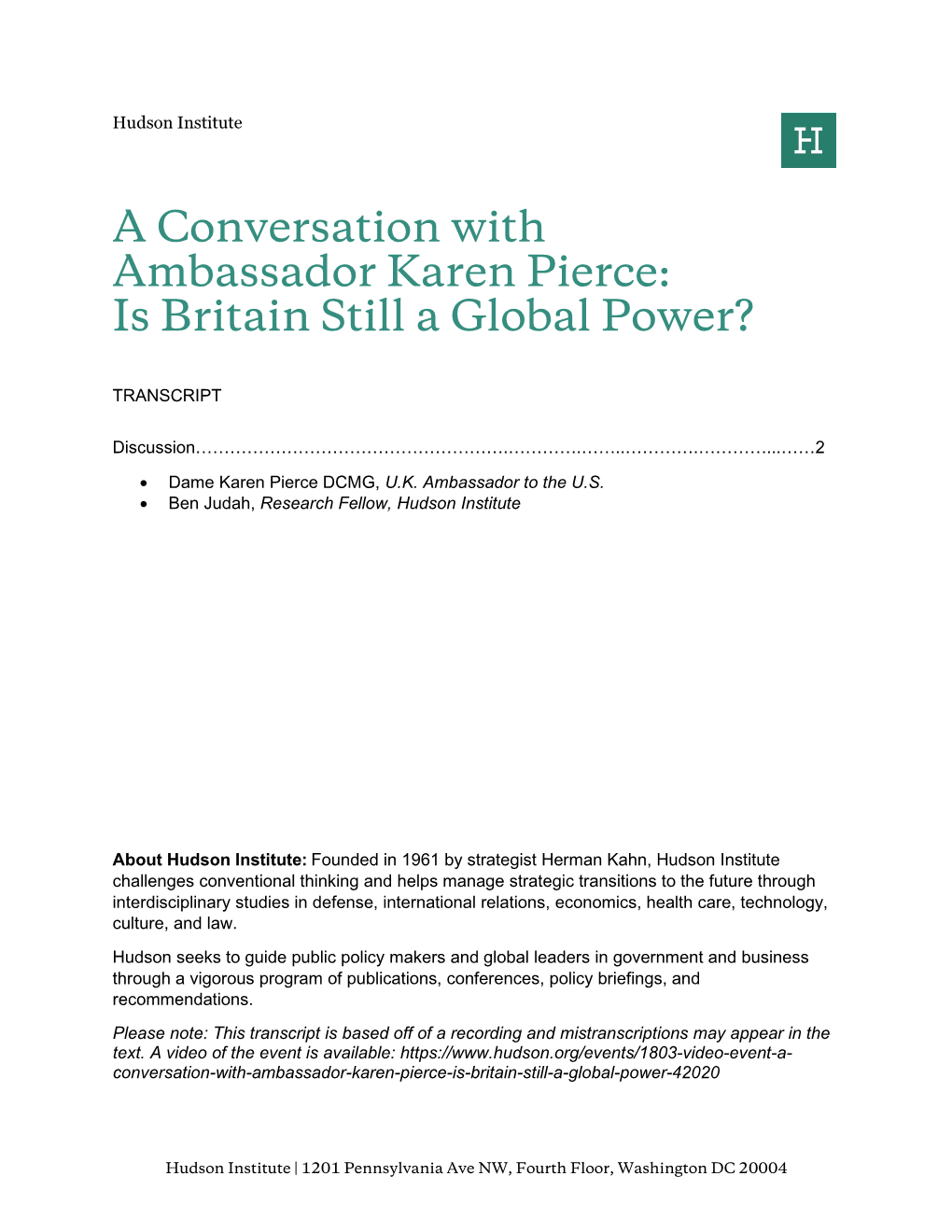 A Conversation with Ambassador Karen Pierce: Is Britain Still a Global Power?