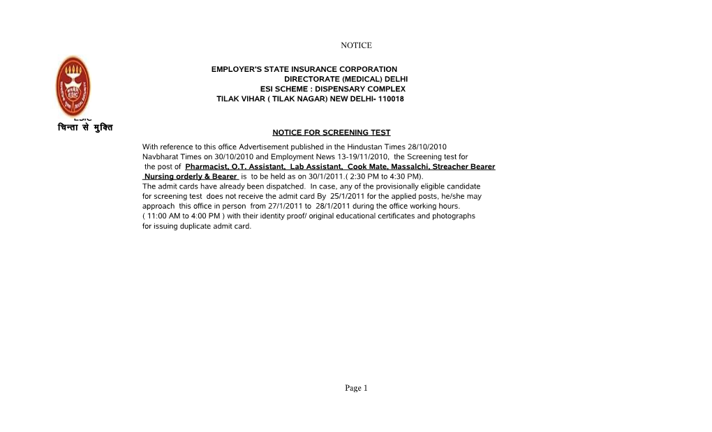 Bearer Nursing Orderly & Bearer Is to Be Held As on 30/1/2011.( 2:30 PM to 4:30 PM)