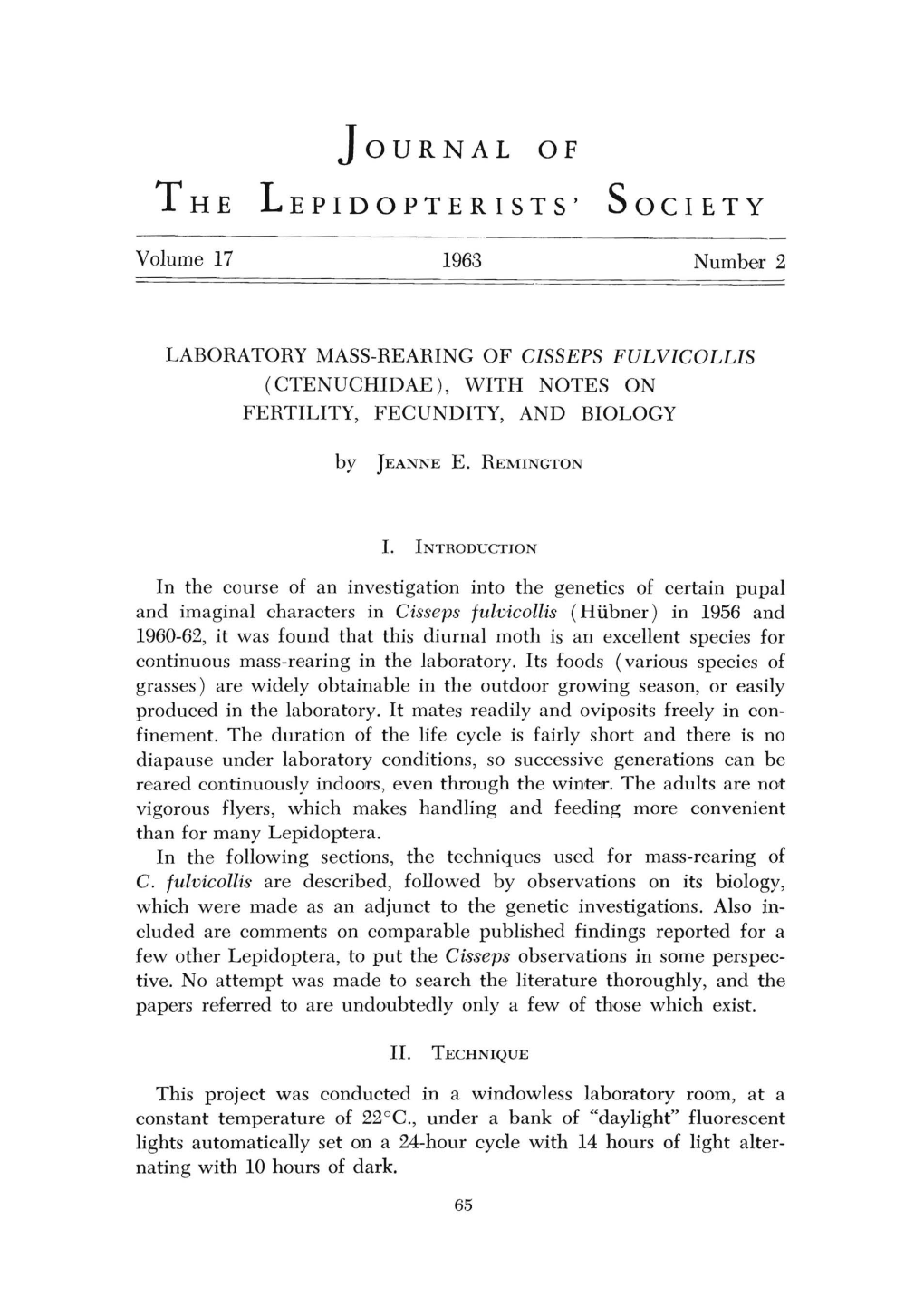 Laboratory Mass-Rearing of Cisseps Fulvicollis (Ctenuchidae), with Notes on Fertility, Fecundity, and Biology