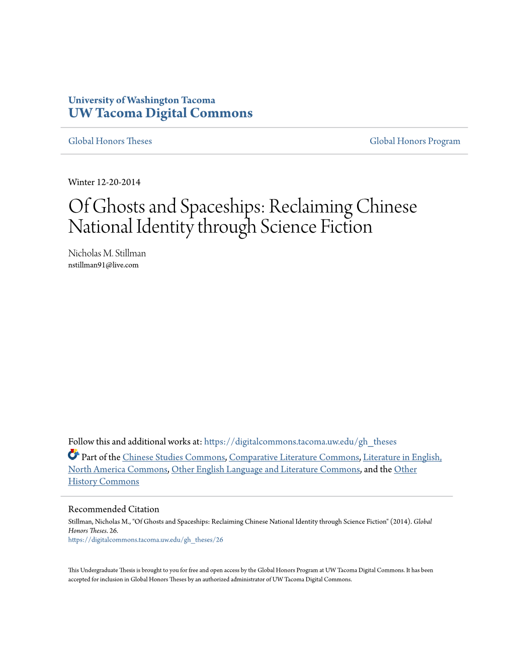 Of Ghosts and Spaceships: Reclaiming Chinese National Identity Through Science Fiction Nicholas M
