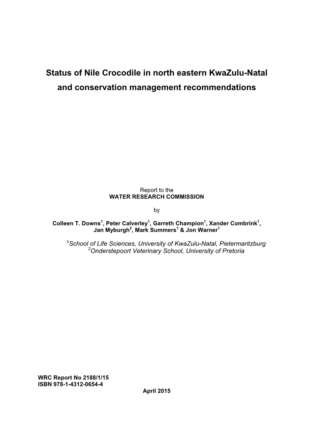 Status of Nile Crocodile in North Eastern Kwazulu-Natal and Conservation Management Recommendations