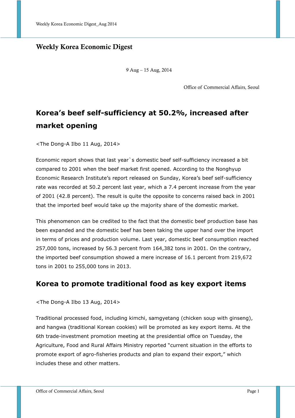 Weekly Korea Economy Digest 1St Week of Nov, 2012