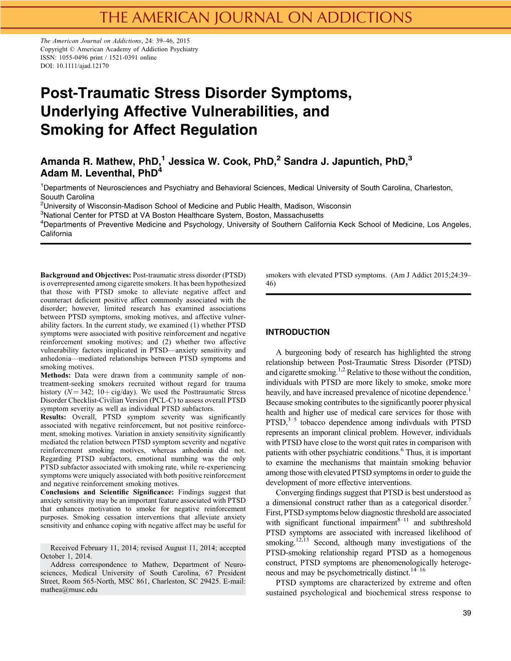 Post-Traumatic Stress Disorder Symptoms, Underlying Affective Vulnerabilities, and Smoking for Affect Regulation