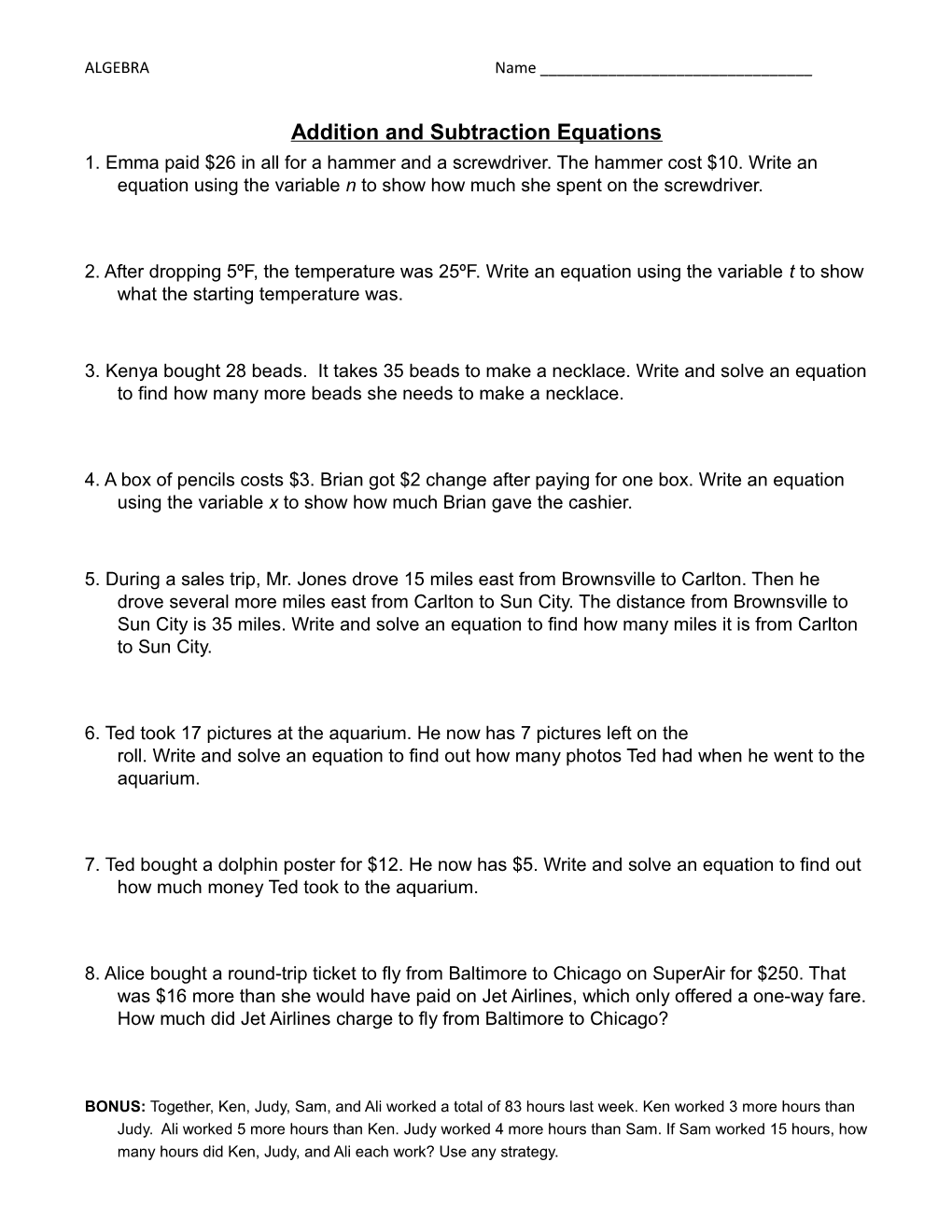 Addition and Subtraction Equations