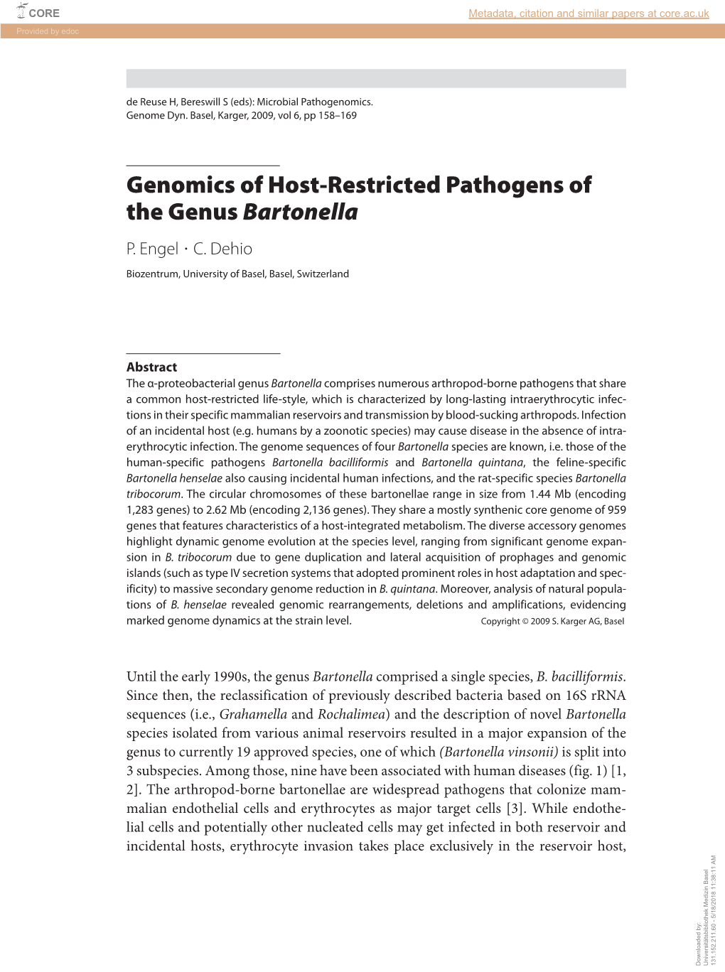 Genomics of Host-Restricted Pathogens of the Genus Bartonella P
