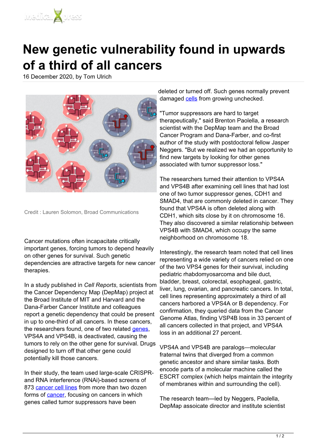 New Genetic Vulnerability Found in Upwards of a Third of All Cancers 16 December 2020, by Tom Ulrich