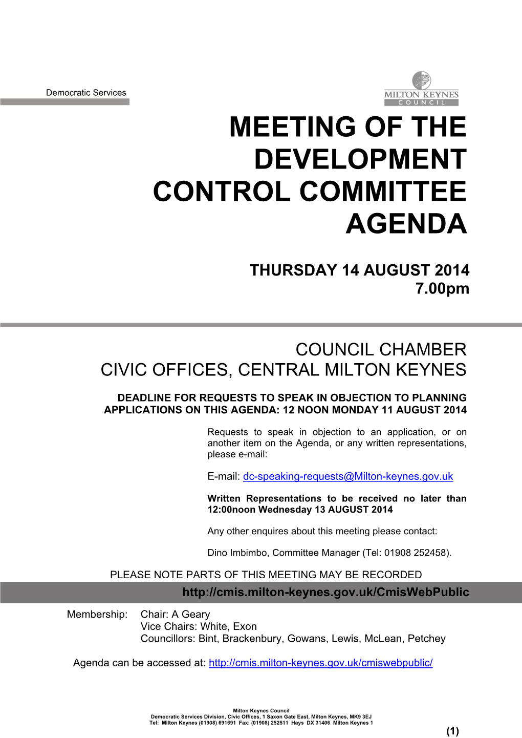 Meeting of the Development Control Committee Agenda