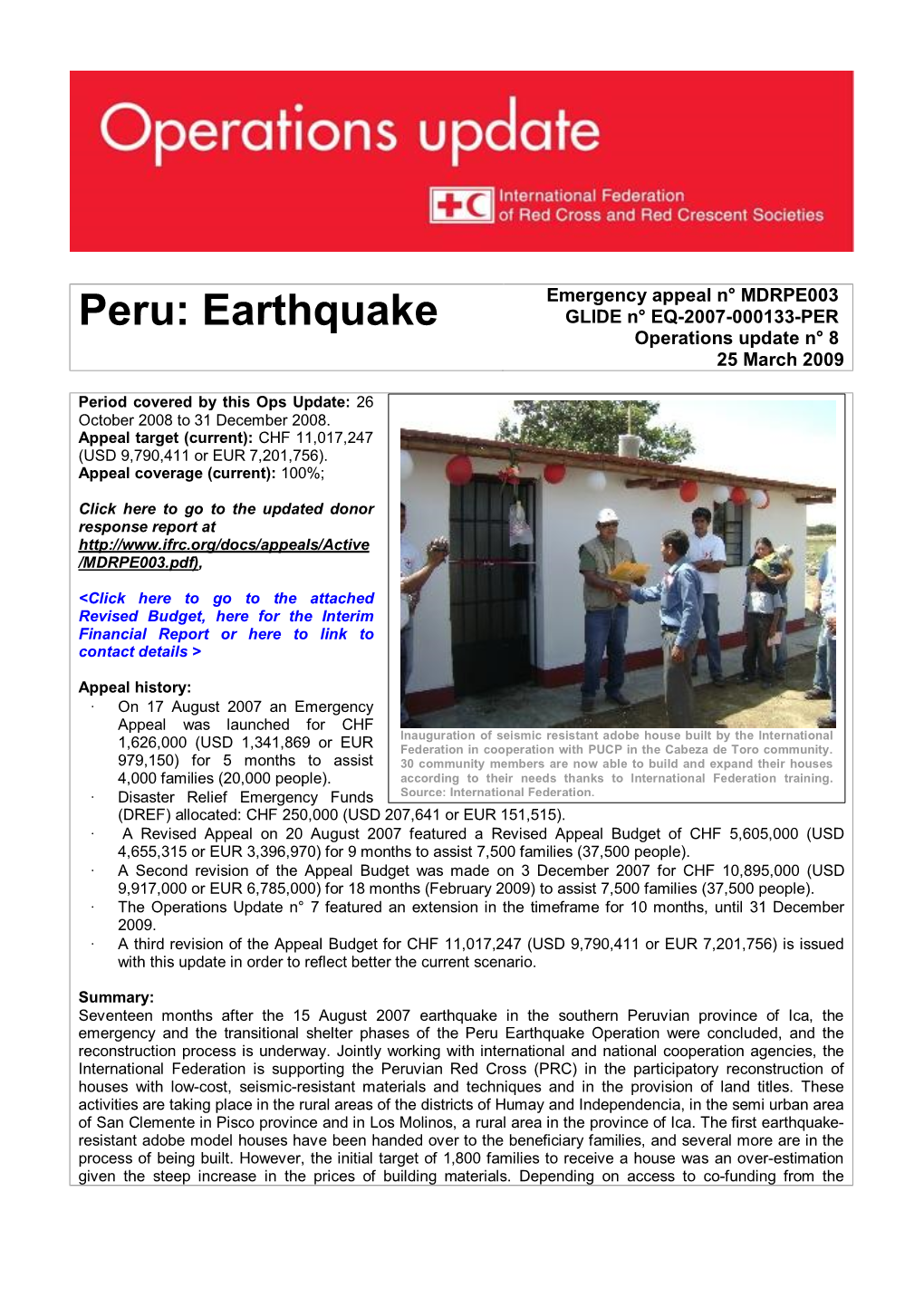 Peru: Earthquake GLIDE N° EQ-2007-000133-PER Operations Update N° 8 25 March 2009