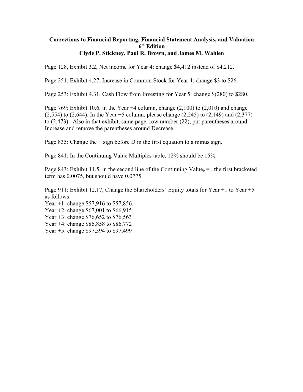 Corrections to Financial Reporting, Financial Statement Analysis, and Valuation