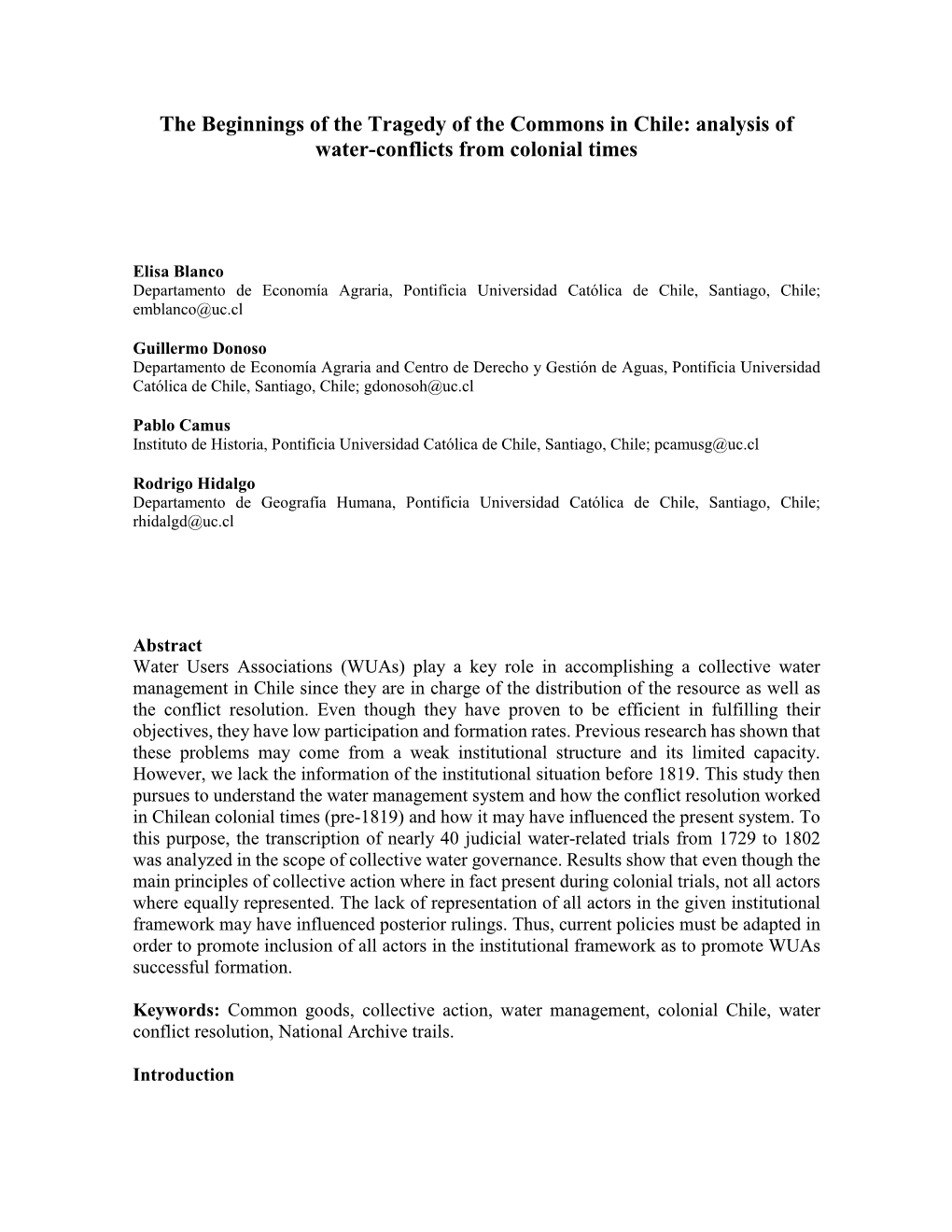 The Beginnings of the Tragedy of the Commons in Chile: Analysis of Water-Conflicts from Colonial Times