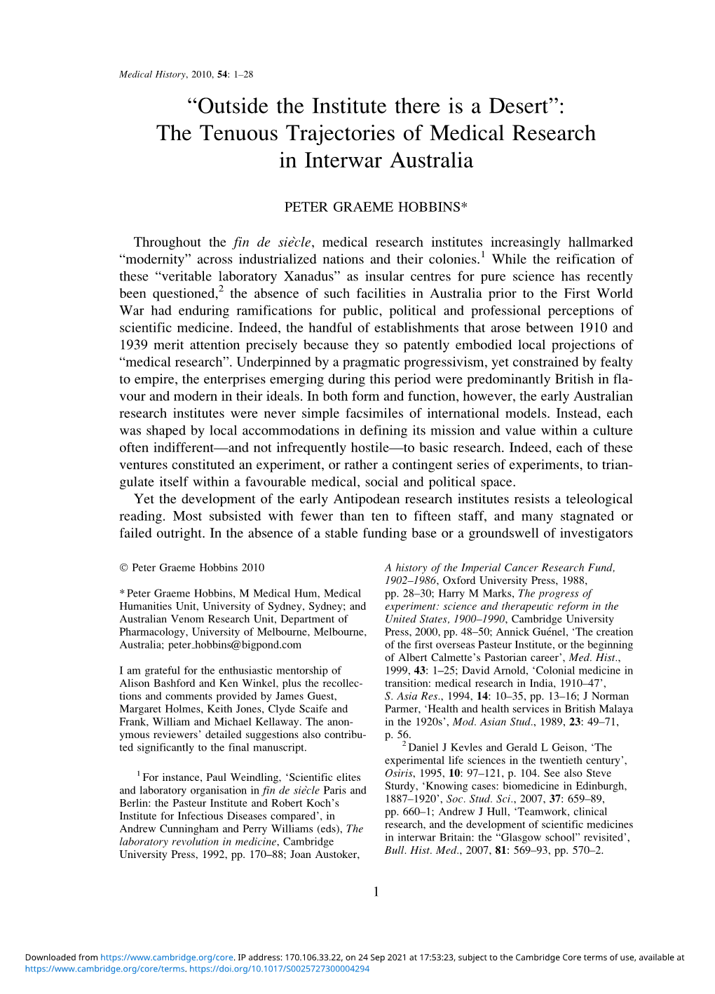 “Outside the Institute There Is a Desert”: the Tenuous Trajectories of Medical Research in Interwar Australia