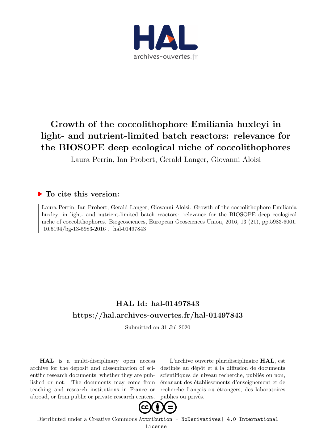 Growth of the Coccolithophore Emiliania Huxleyi in Light