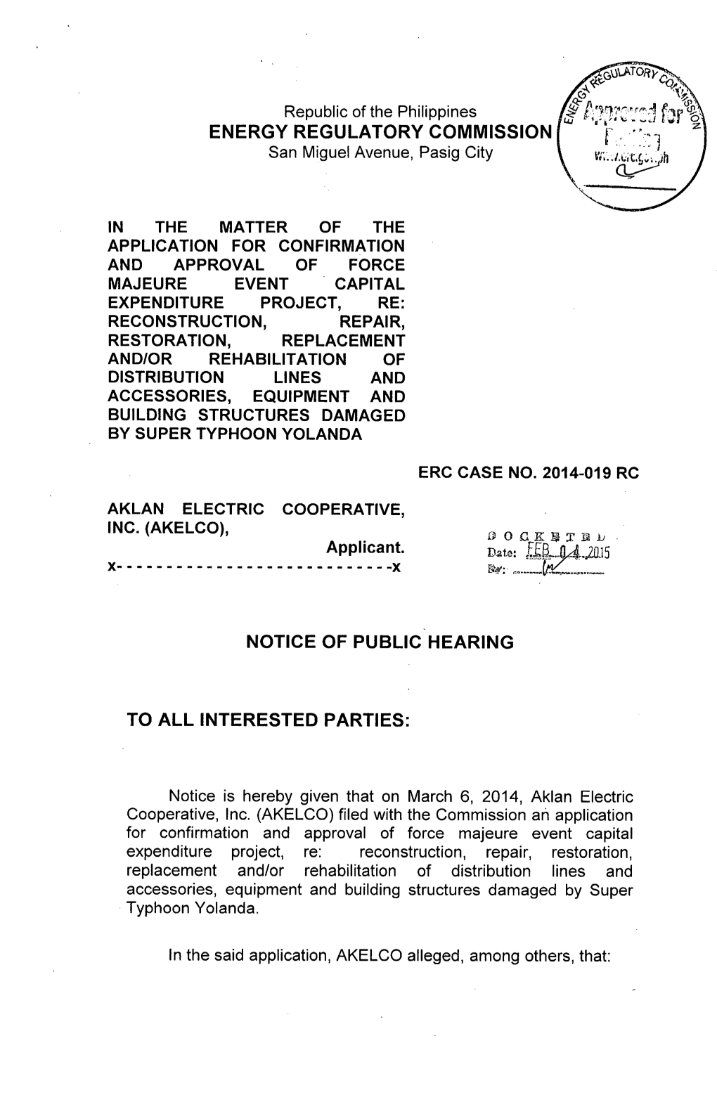 NPH, ERC Case No. 2014-019 RC