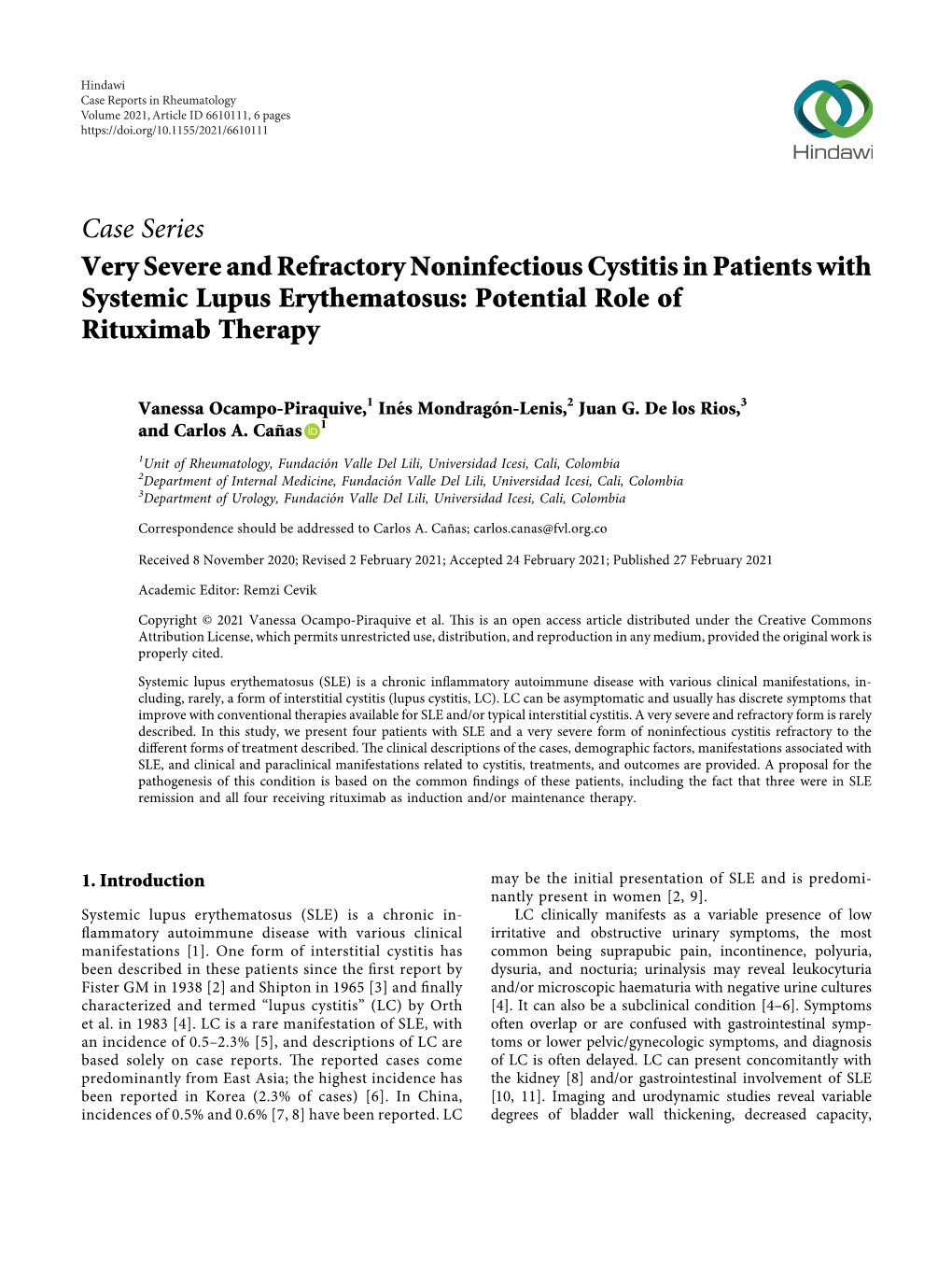 Case Series Very Severe and Refractory Noninfectious Cystitis in Patients with Systemic Lupus Erythematosus: Potential Role of Rituximab Therapy