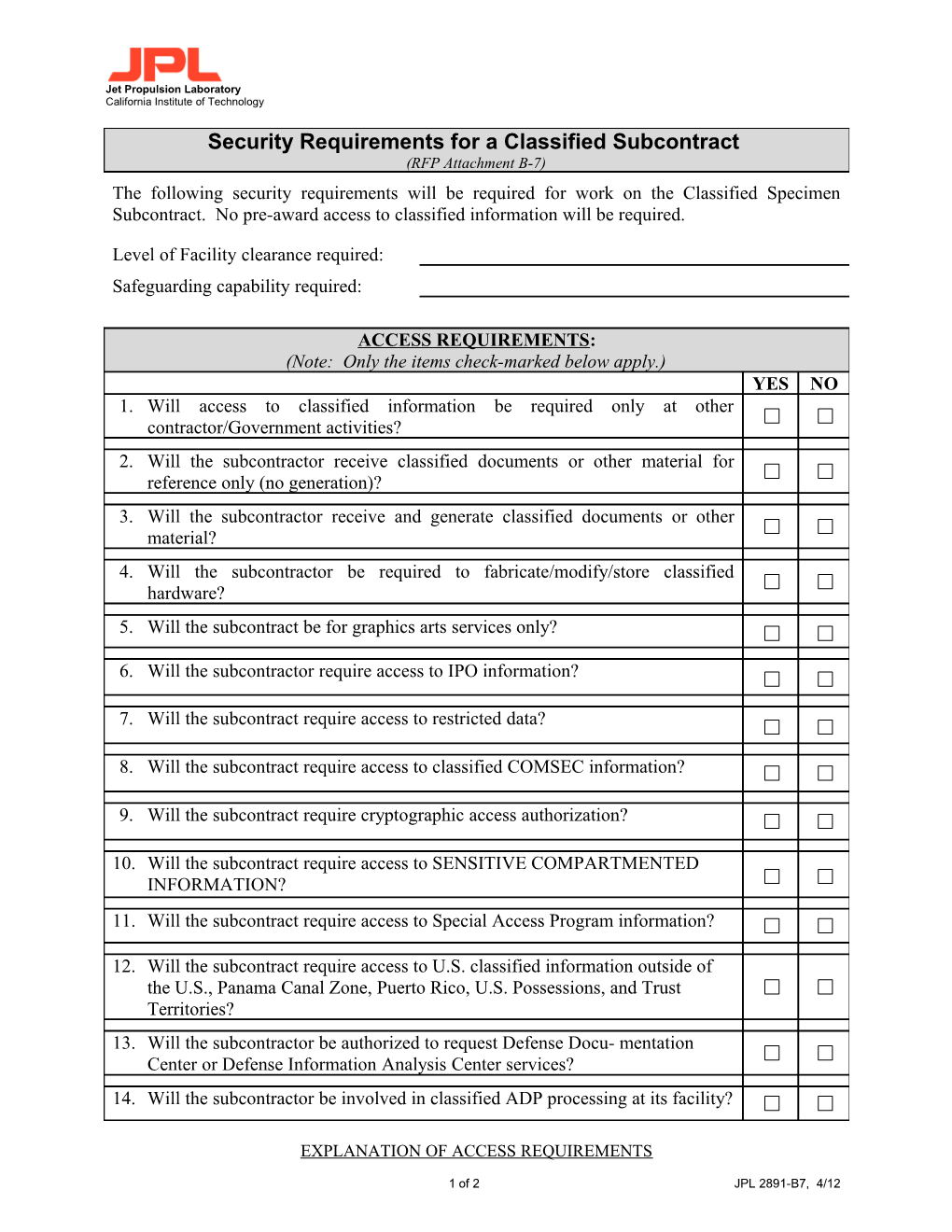 JPL 2891: Security Requirements for a Classified Contract