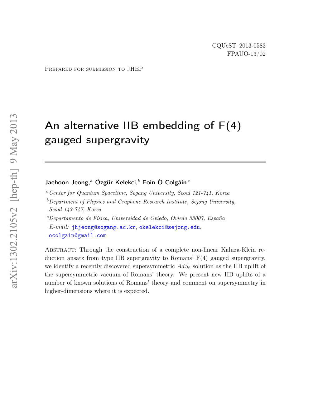 An Alternative IIB Embedding of F(4) Gauged Supergravity Arxiv